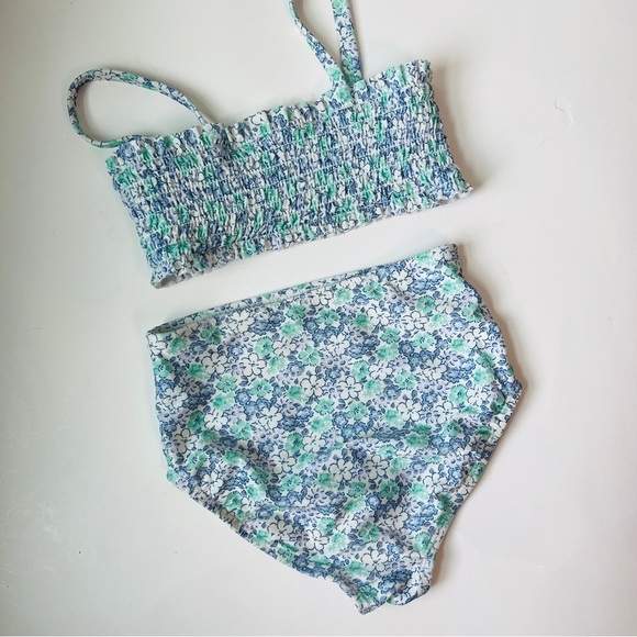Gap Kids Microfloral Blue and Green Smocked high Waisted Swimsuit - Picture 2 of 6